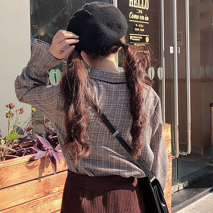 リボン付グレンチェック柄シャツ 春夏新作 韓国ファッション[品番