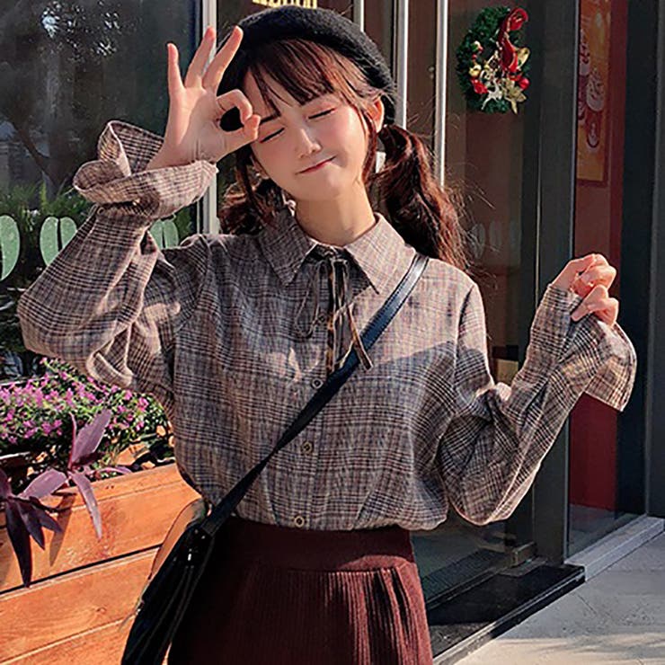 リボン付グレンチェック柄シャツ 春夏新作 韓国ファッション[品番
