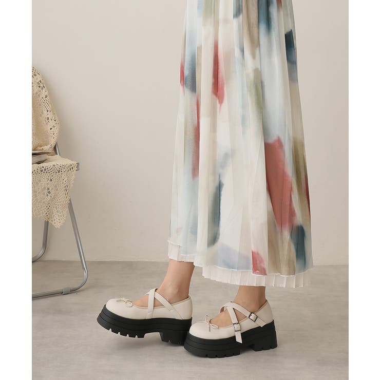 25年春夏新作】厚底 トリプルソール リボン クロスストラップパンプス