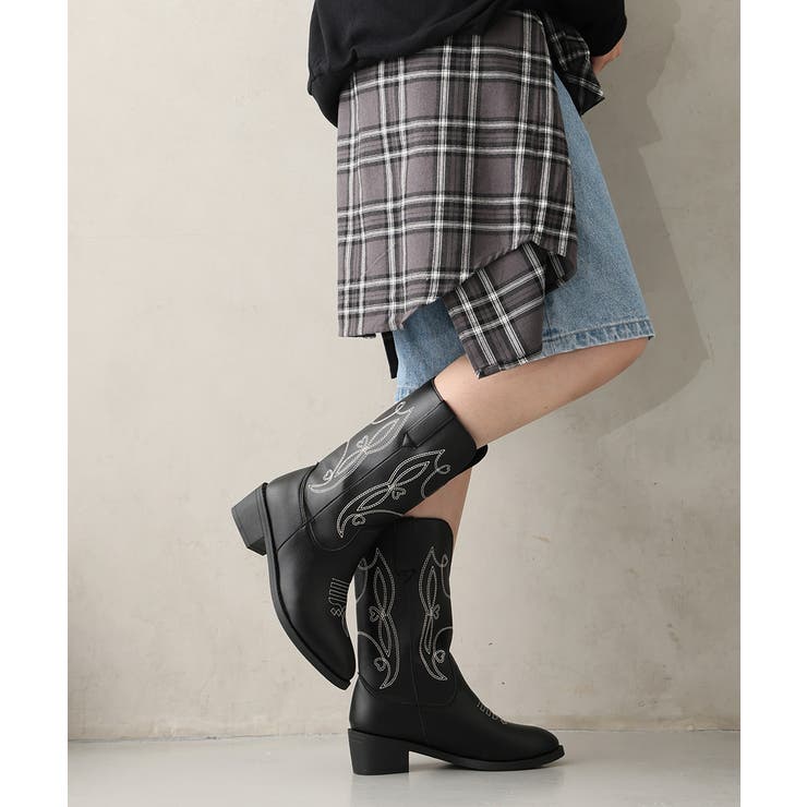 25年秋冬新作】ポインテッドトゥ ミドル丈 ウエスタンブーツ[品番