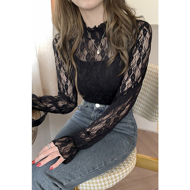 長袖レースブラウス トップス シースルー[品番：DMHU0003017