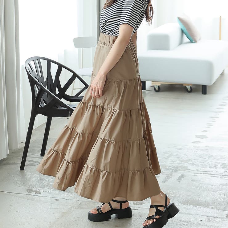 ティアードギャザーフレアロングスカート【韓国ファッション】【春夏新