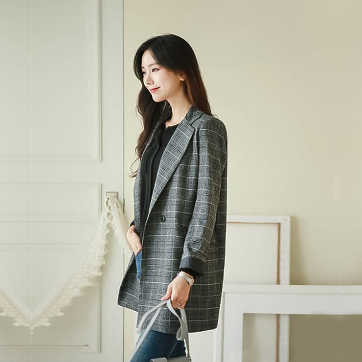 グレンチェックテーラードジャケット【韓国ファッション】[品番