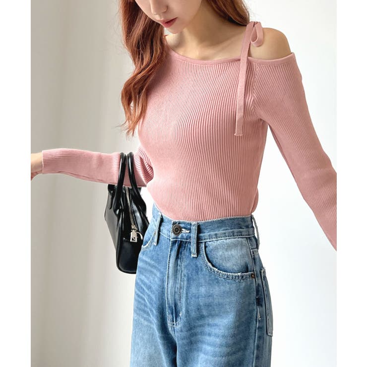 オトナリボンかわいい。ショルダーリボンリブニットトップス[品番