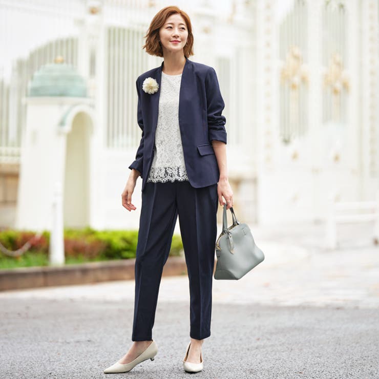 4点セット】〈テーパードパンツ〉ノーカラージャケットパンツスーツ4