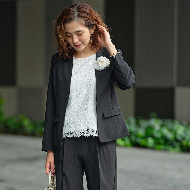 4点セット】〈ワイドパンツ〉ノーカラージャケットパンツスーツ