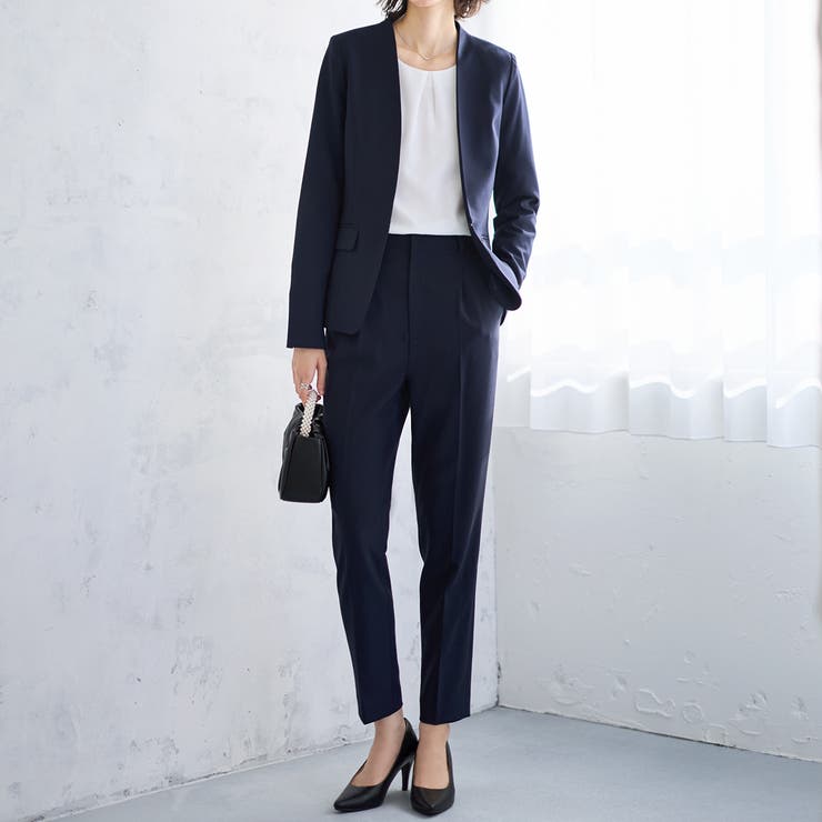 2点セット】洗えるノーカラージャケットパンツスーツセットアップ