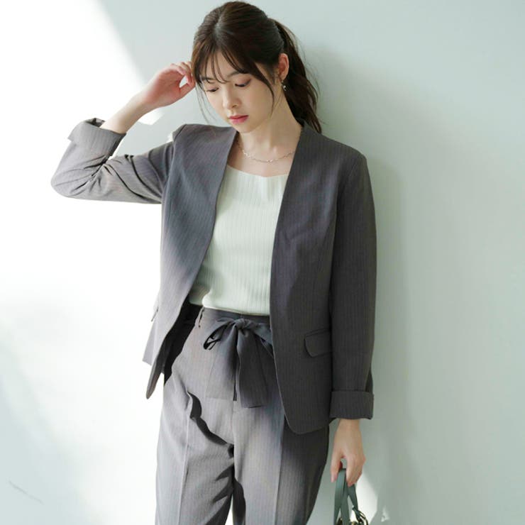 2点セット】洗えるノーカラージャケットパンツスーツセットアップ