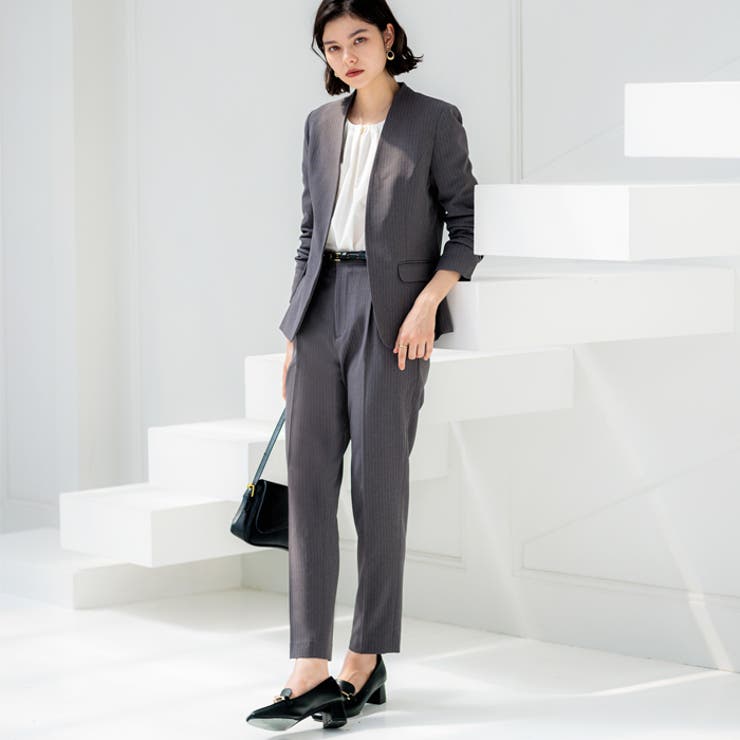 2点セット】洗えるノーカラージャケットパンツスーツセットアップ