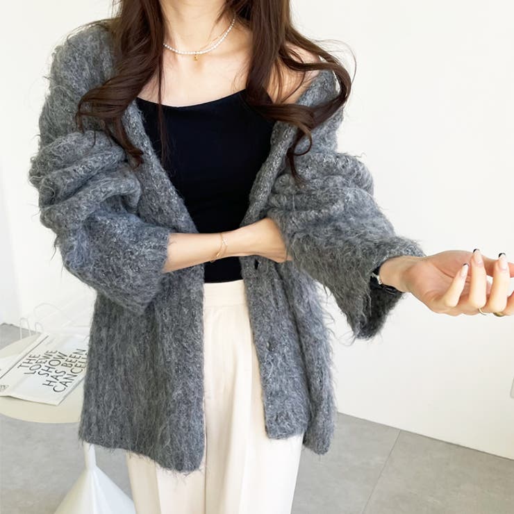 ミックスシャギーVネックカーディガン[品番：GERW0010414]｜GeeRA