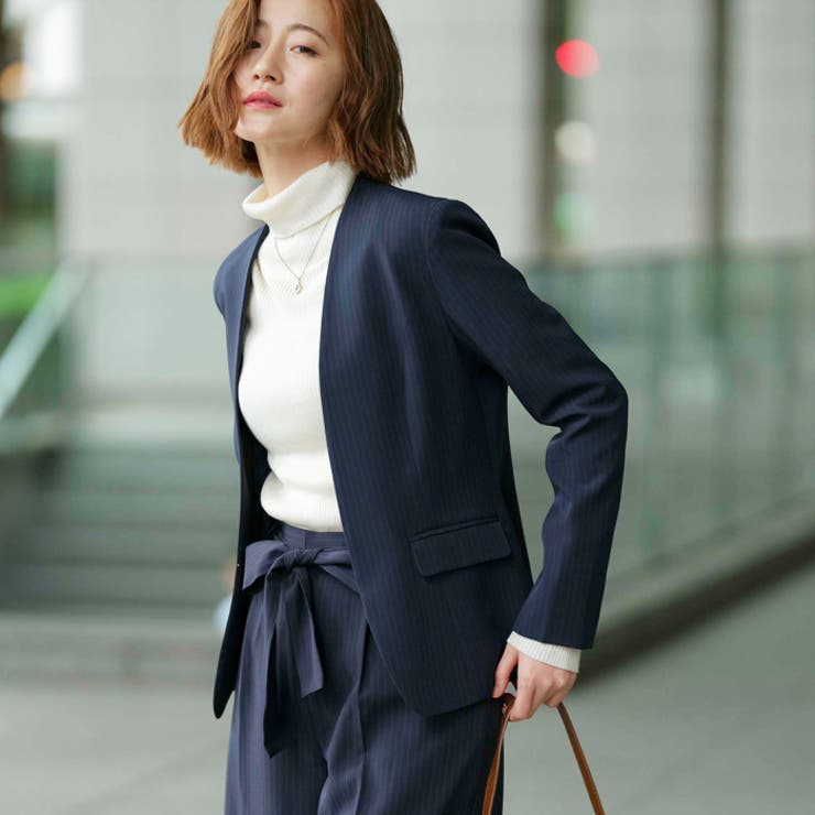 2点セット】洗えるノーカラーワイドパンツスーツセットアップ[品番