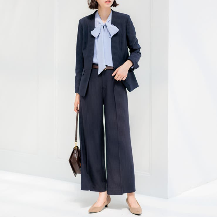 2点セット】洗えるノーカラーワイドパンツスーツセットアップ[品番