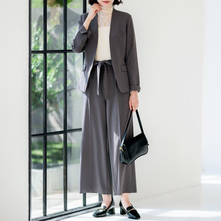 2点セット】洗えるノーカラーワイドパンツスーツセットアップ[品番