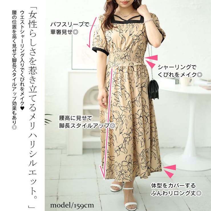 大きいサイズレディース ワンピース モダン花柄配色クロスネック