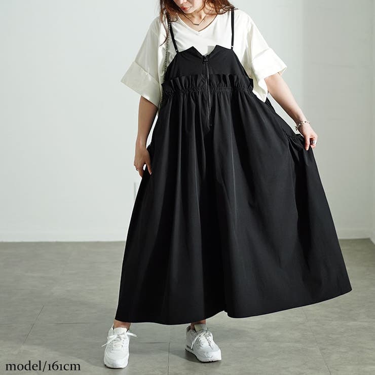 大きいサイズレディース ワンピース ハーフジップウエストフリルキャミ