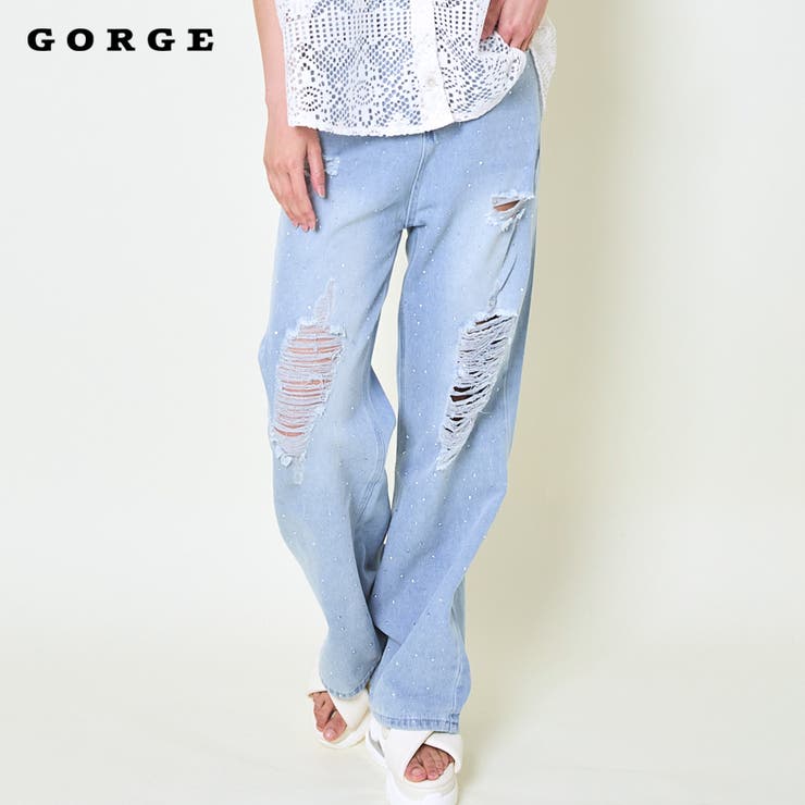 きらクラッシュ×ラインストーン》レディース ダメージデニム ワイド