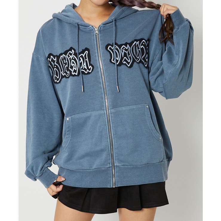 アップリケ×刺繍×ストーン装飾》レディース 裏毛 ジップパーカー[品番