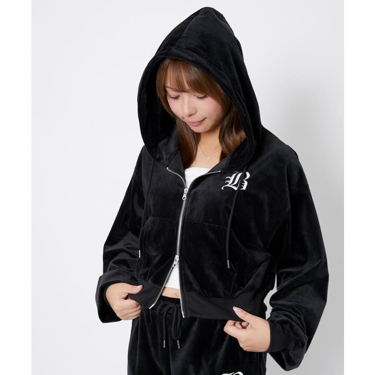 ベロア×ロゴ刺繍》レディース ジップパーカー フーディ[品番