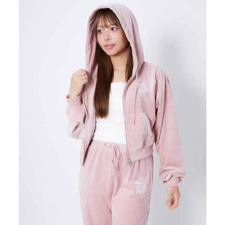 ベロア×ロゴ刺繍》レディース ジップパーカー フーディ[品番