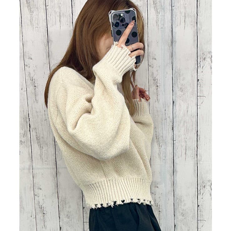 ダメージ×ハーフジップ》レディース ニットプルオーバー ショート丈