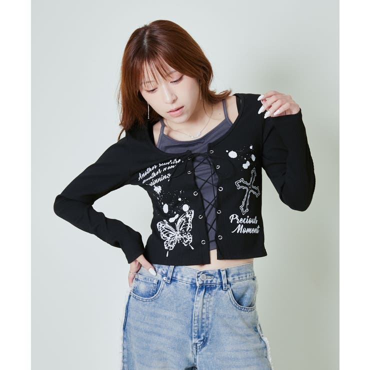 編み上げ×レイヤード風》Y2Kロゴカットトップス [品番：GORW0010247