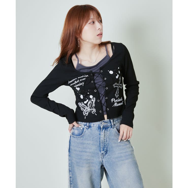 編み上げ×レイヤード風》Y2Kロゴカットトップス [品番：GORW0010247