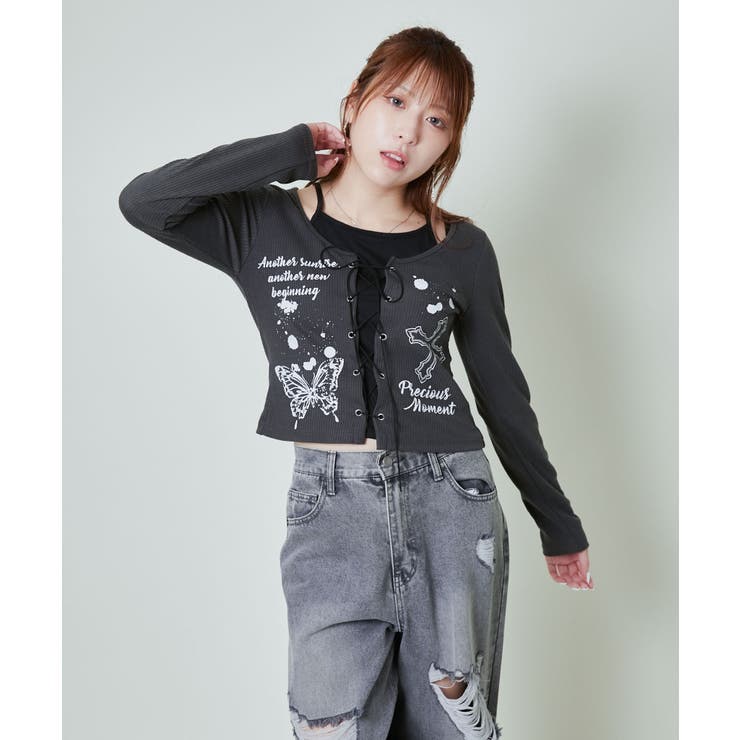 編み上げ×レイヤード風》Y2Kロゴカットトップス [品番：GORW0010247