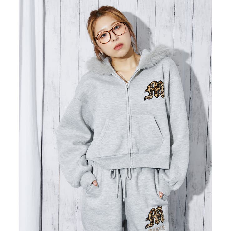 ファーフード×ロゴ刺繍》レディース 裏起毛ジップパーカー