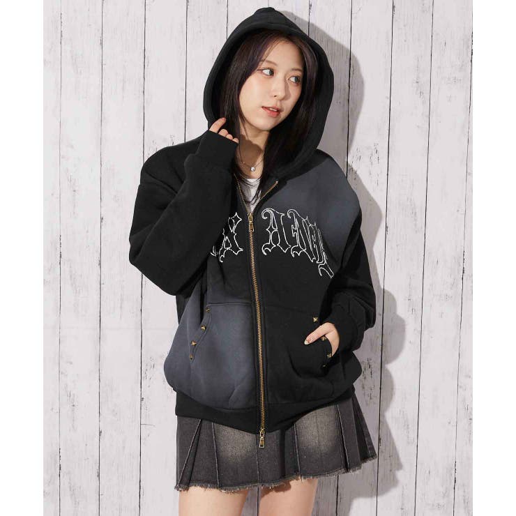 スプレー加工×ロゴプリント》レディース 裏起毛 ジップパーカー[品番
