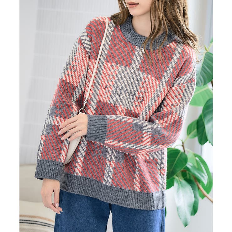 チェック柄ニット 洗えるニット チェック柄ニット[品番：GW000004639