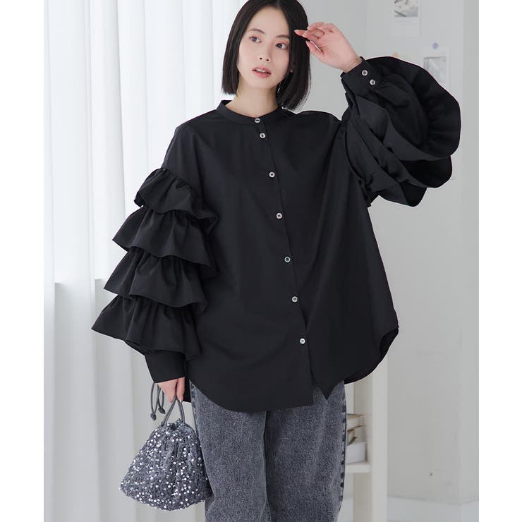 袖フリル ブラウス バンドカラー[品番：GW000004684]｜Growing Rich
