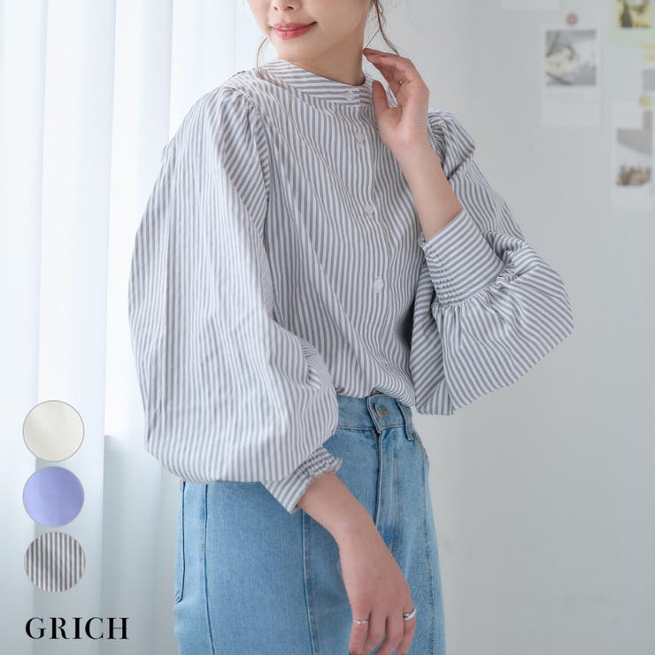 前後2wayバンドカラーボリューム袖シャツブラウス ボリューム袖