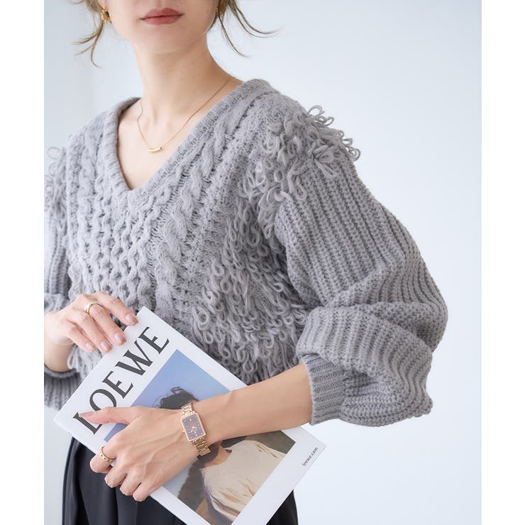 ケーブル フリンジ Vネック[品番：GW000004869]｜Growing Rich（グロー