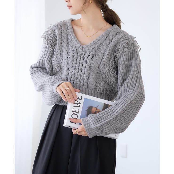 ケーブル フリンジ Vネック[品番：GW000004869]｜Growing Rich（グロー