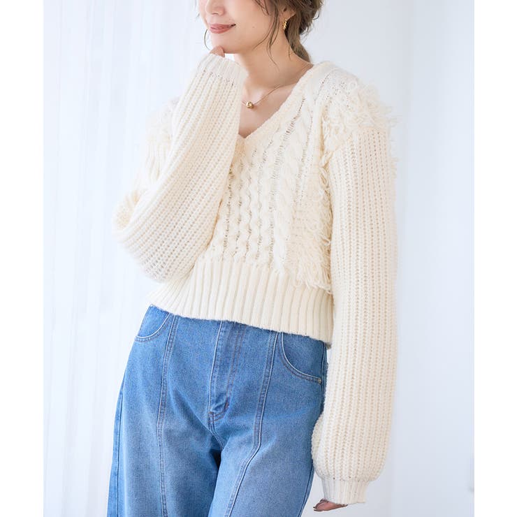 ケーブル フリンジ Vネック[品番：GW000004869]｜Growing Rich（グロー