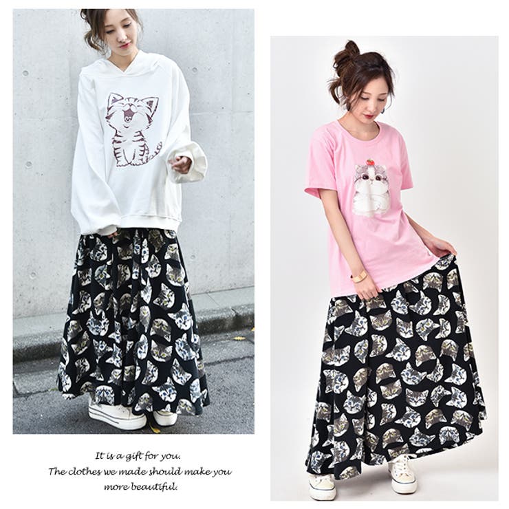 スカート レディース 猫柄 猫 ネコ ロングスカート ロング丈 マキシ丈