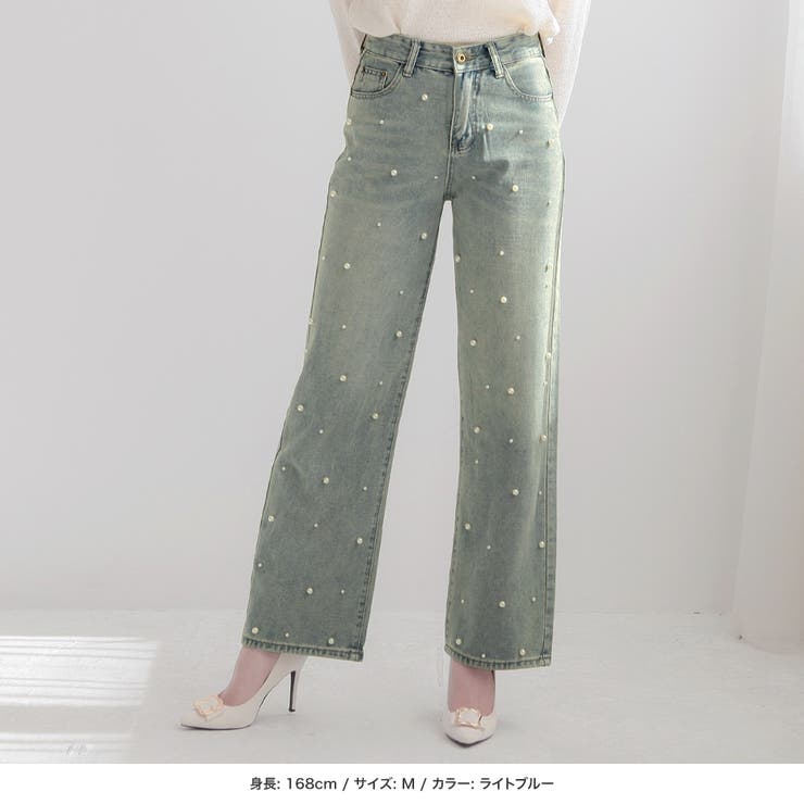 パール付きハイウエストデニムパンツ [24100 フルレングス[品番