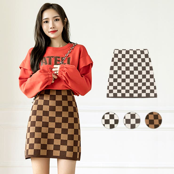 ニットスカート ブロックチェック柄 ミニスカート[品番：JCSW0000830