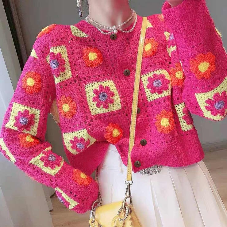 SHOPLIST限定】花柄クロシェ編みカーディガン トップス ニットカーデ