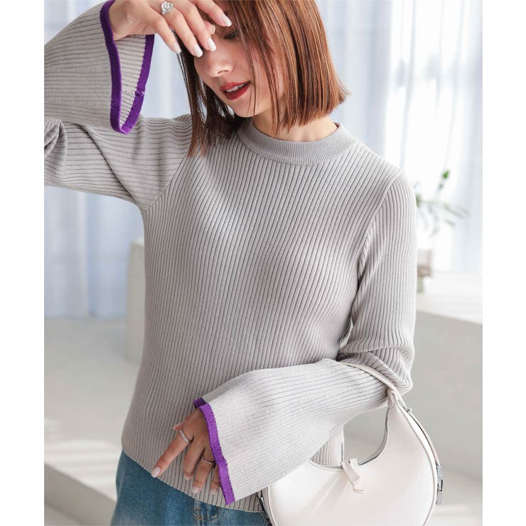 もっちりニットで着心地抜群袖バイカラーリブニットトップス