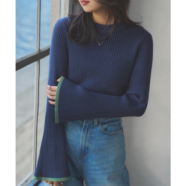 もっちりニットで着心地抜群袖バイカラーリブニットトップス