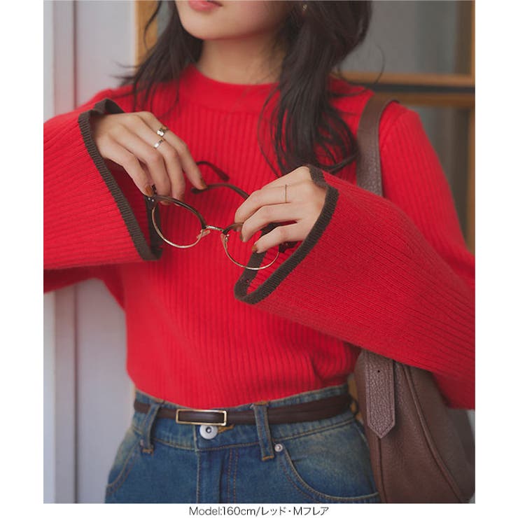 もっちりニットで着心地抜群袖バイカラーリブニットトップス