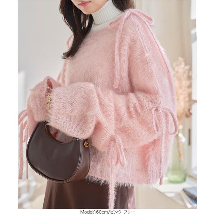 キャットヤーン袖リボンラメシアーニット［N1289］ 袖リボン ニット