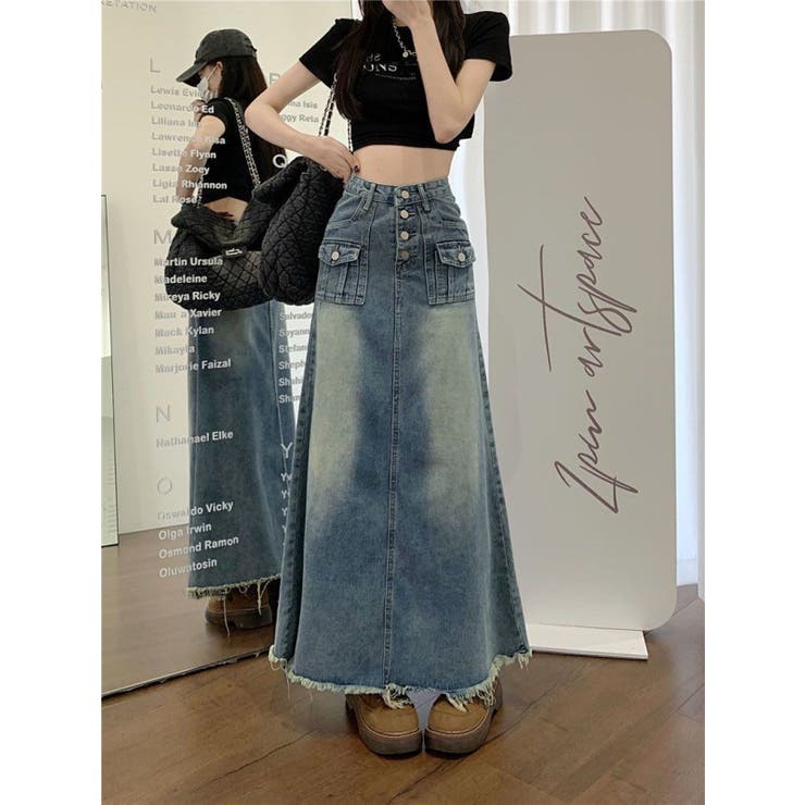 ハイウエストデニムロングスカート/アウトボタン/7ポケッツ[品番