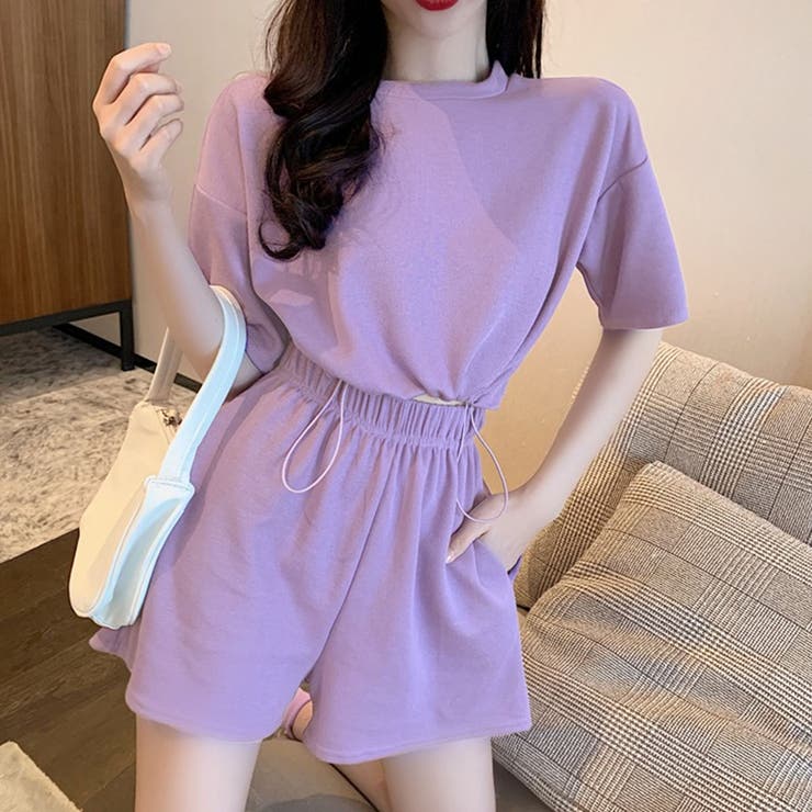 2点セット クロップド丈Tシャツ＆ショートパンツ[品番：PVBW0008612