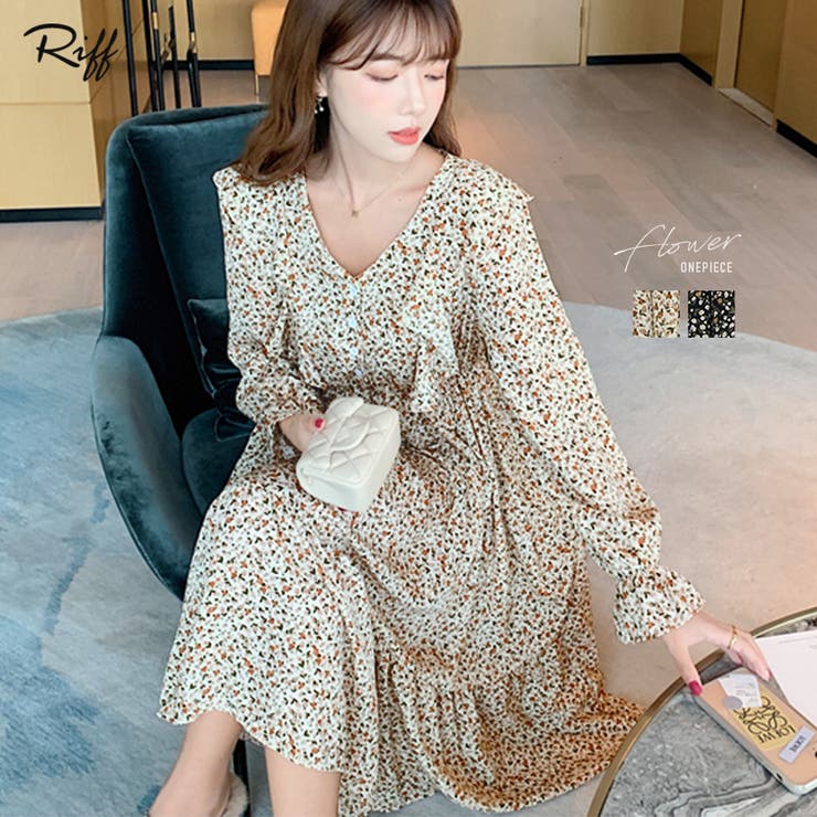 小花柄シフォンワンピース ロングワンピース フリル[品番：NETW0000585