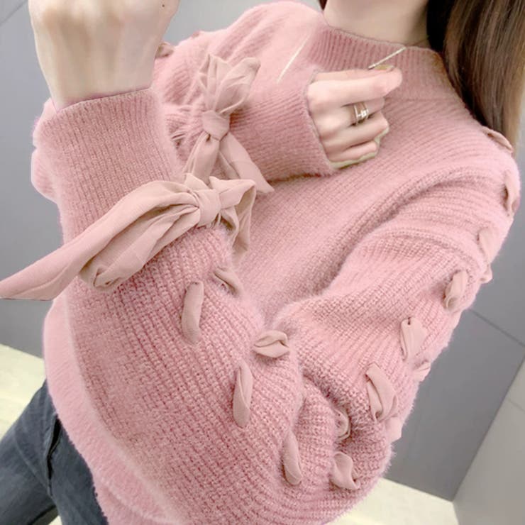 袖編み上げリボンニット セーター リブ編み[品番：NETW0000908]｜Riff