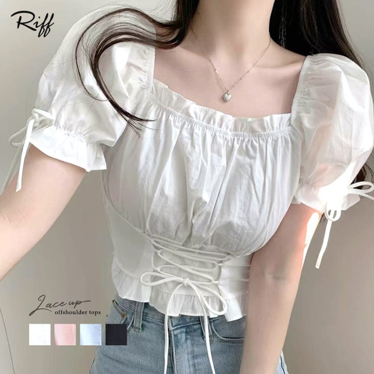 袖リボンスクエアネックトップス レースアップ パフスリーブ[品番
