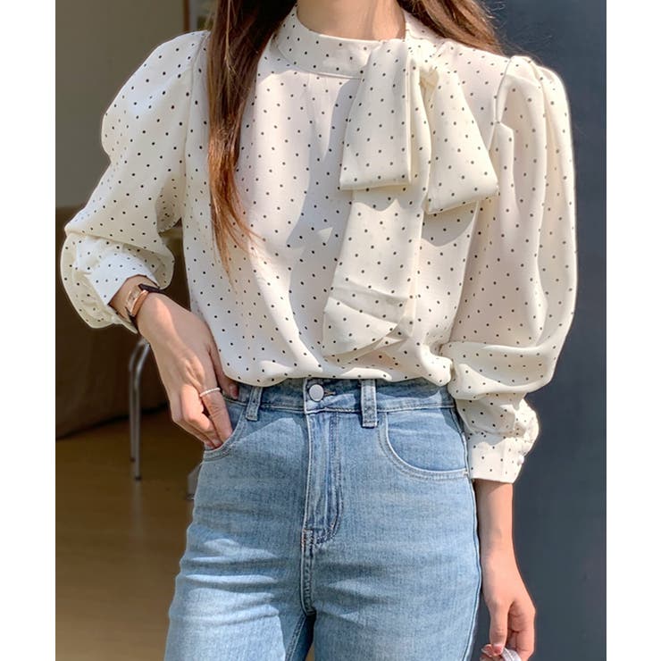 ドット柄ブラウス ネックリボン ボウタイ[品番：NETW0001869]｜Riff