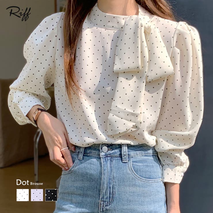 ドット柄ブラウス ネックリボン ボウタイ[品番：NETW0001869]｜Riff